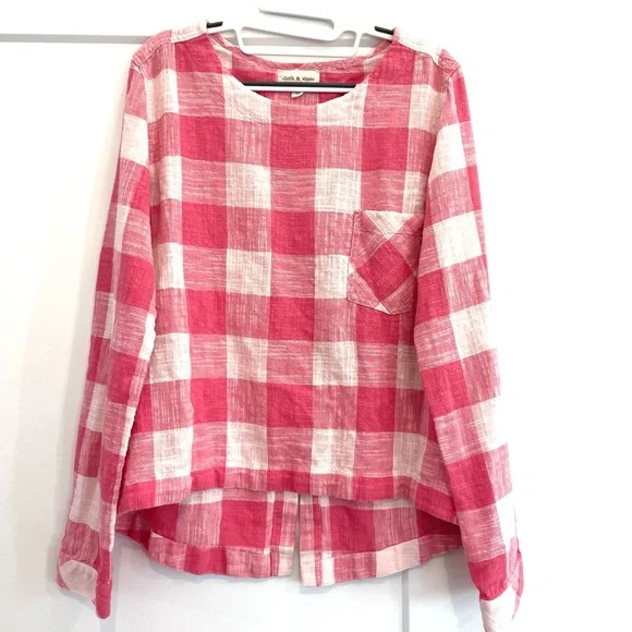 Anthro Cloth and Stone Cotton Linen Button-Back Gingham Blouse Pink White XL - Picture 3 of 6